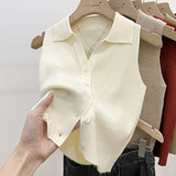 GETADME 여름 시크 아이스 실크 니트 폴로 라펠 씬 슬림핏 실루엣 탱크 아우터 베스트 여성용 숄더 베스트 노슬