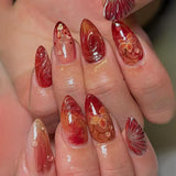 GETADME 24Pcs 3D Strawberry Rabbit Flower Fake Nails Press on Mid-length Almond Wearable False Nails Green Gradient Pearl Manicure Tips