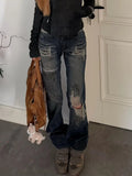 GETADME American style spicy girl design with rivet splicing jeans, women new retro distressed distressed floor length pants
