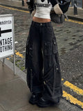 GETADME 2025 Punk Style Y2K Streetwear Washed Black Baggy Cargo Jeans Pants For Women Designer Clothes Wide Leg Lady Trousers Ropa Mujer