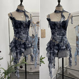GETADME Women's Vintage Tie-dye Printed Mesh Spaghetti Strap Camisole Hot Girl Irregular Ruffled Ribbon Sleeveless Top Partyclub 1185