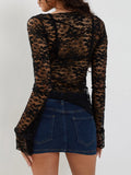 Hauts courts ajustés en dentelle florale pour femmes, sexy, transparents, en maille, style vintage Y2K, manches longues, style streetwear, tenues printanières