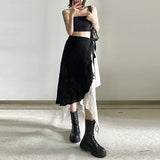 GETADME Y2k Mid-Long Skirts lrregularSpliced Streetwear Vintage Design Black WhiteContrasting High Waisted Asymmetrical MeshLong Skirts