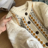 GETADME 빈티지 자카드 니트 가디건 여성 루즈 캐주얼 레이지 윈드 프린트 버튼 풀오버 한국식 긴팔 배기 에스테틱 아웃웨어 