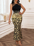 GETADME Elegant Leopard Print Sequin Fishtail Dress for Women, Black & Gold, Sleeveless, Party Evening Wear