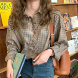 Chemises à carreaux pour femmes, style rétro, col rabattu, coupe droite, boutonnées, élégantes, manches longues, vêtements d'extérieur pour femmes
