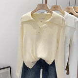 GETADME Women's Clothing Basic All-match Polo Collar Pullovers Autumn Winter Casual Loose Long Sleeve Sweaters Elegant Chic Button Tops