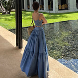 GETADME Neploe Sexy Two Piece Set 2025 Summer Femme French Style V-neck Slim Fit Short Suspended Tank Top High Waist Large Swing Skirt