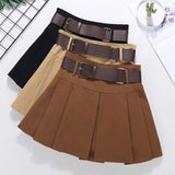 GETADME Brown Belted Mini Skirt Low Waisted Pleated Skirt with Belt Women Academia Aesthetic Vintage Outfit
