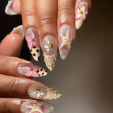 GETADME 24Pcs 3D Strawberry Rabbit Flower Fake Nails Press on Mid-length Almond Wearable False Nails Green Gradient Pearl Manicure Tips