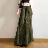 GETADME Women Vintage Suede Nap Lace Patchwork Hem Zip Long Skirt Cyber Y2K Chic Drawstring Pocket A-line Skirts Lady Grunge Streetwear