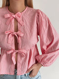 Chemise à carreaux Getadme pour femme, col rond, nœud papillon, lacets, manches bouffantes, style décontracté, manches courtes, découpes, collection printemps 2024 streetwear féminin 