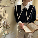 Vintage Chiffon Shirts Women Elegant Patchwork Long Sleeve Blouses Office Lady Korean Black Turn Down Collar Casual Tops