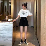 GETADME 2025 Women Elastic High Waist Casual Wide Leg Shorts Summer Shorts Skirts Korean A Line Loose Mini Skirt Black Short Pants