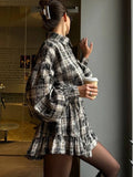 GETADME Plaid 2 Pieces Suits Women 2025 Spring Lapel Lantern Sleeves Single Breasted Shirt A-line Pleated Mini Skirt Female Vintage Sets