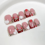 GETADME 10Pcs Pink Handmade Press On Nails Full Cover Bear Heart Design Short Round Rhinestone False Nails Wearable Manicure Nail Tips