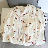 GETADME Cherries Print Two Pieces Pajamas Set Autumn Faux Cotton Pajamas Korean Fashion Home Clothes Ladies Pants and Top Set Pijamas