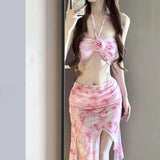 GETADME 여성용 롱 드레스 비키니 홀터넥 섹시 수영복, 탈부착 가능한 패드 포함, 비치 커버업, 휴가용 바디 셰이핑용 플로위 수영복