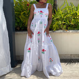 GETADME Women Cute Embroidered Maxi Dress Beach Dress Summer Boho Ruffle Long Dress Spaghetti Strap Flowy Maxi Dress