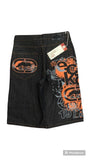 GETADME American Washed Ecko Denim Shorts Mens Hip-hop Rock Street Fashion Pattern Straight Pants Harajuku Trend Wide Pants