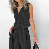 GETADME 오피스 레이디 여름 스트라이프 솔리드 V넥 버튼 슬리브리스 티셔츠와 하이웨이스트 와이드 레그 팬츠 투피스 세트 (여성용)