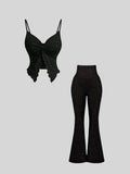 GETADME New women's solid color V-neck suspender set, casual short sleeved crop top and flared pants for spring, summer, and autumn