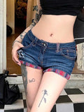 GETADME 여성 캐주얼 반바지 슬림 데님 로우 웨이스트 반바지 워시 진 패치워크 핫 팬츠 플레드 올매치 클래식 섹시 갸루 Y2K 타이드