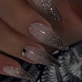 GETADME 24Pcs Metallic Cat Eye French Sheer Manicure Tip Art Textured 3D Acrylic False Nails Nude Pink Almond Medium Press on Fake Nails