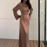 Getadme Women Elegant Long Dresses 2024 Fashion Simple Round Neck Satin Flare Sleeve Lace Up Slim Party Prome Maxi Dress Evening Gown