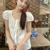 GETADME Short Sleeve White Camisas Korean Bandage Chemises Femme Tops Slim Waist Elegant Chic Shirts Women Y2k Lace-up Bow