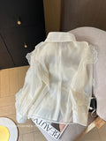 GETADME Spring Summer Long Sleeve Sequins Petals Applique White Beige Mesh Shirts and Blouses For Women Sexy See- through Tops