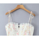 GETADME Summer 2025 Women Lace Spliced Floral Print Sling Mini Dress Low Waist A-line Sexy Elegant Party Dresses Holiday Robe