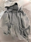 GETADME Gray Hooded Sweater Coat Autumn Winter Double Zipper Long Sleeve Loose Fashion Korean Soft Thickened Knitted Tops Coats