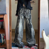 New American Vintage hip-hop washing fashion striped graffiti jeans women's Y2K Harajuku punk Gothic wide pants Streetwear