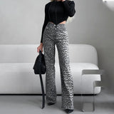 GETADME High Quality Gray Leopard Printed Pockets Straight Trousers Autumn&Winter Trend Club Slim Streetwear Long Pants Ladies 2025