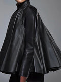 GETADME Yeezzi Women's Black Faux Leather Stand Collar Tops 2025 New Long Sleeve Fashion Big Hemline Solid Color Pleated A-line Blouse