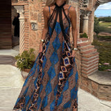 GETADME Sexy Lady V-neck Sleeveless Suspender Dress Casual Off Shoulder Bohemian Beach Dress 2025 Retro Pattern Printed Loose Long Dress