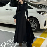 GETADME Korean Fashion Autumn Winner New Dresses Women Solid O-Neck Corset Temperament All-match A-line Slim Loog Sleeve Long Dresses