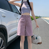 GETADME Summer New Korea Fashion Loose Women Jeans Shorts Purple Pink High Waist Straight Pockets Female Wide Short Pants