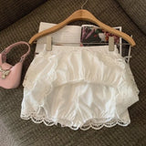 Getadme-Coquette Bow White Mini Skirt Women Kawaii Lace Embroidery Ruffles Layer Patchwork 2024 Summer A-line Skirt with Shorts