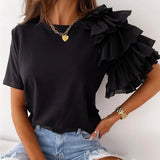 GETADME Fashion Ruffled Short Sleeved Women's Blouse Summer Simple Round Neck Elegant Office Irregular T Shirt Solid Casual Tees Tops