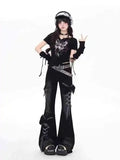 GETADME Retro Bow Lace Up Design Jeans Women's  Low Rise Slim Fit Bell Bottom 2000s Harajuku Y2k Spicy Girl Casual Flare Pants