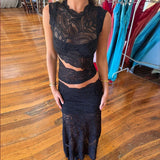 Getadme 섹시 여성 패션 레이스 시스루 투피스 세트 중공 불규칙한 시스루 크롭 탑 및 하이웨이스트 스커트 클럽웨어