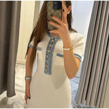 GETADME Elegant Denim Patchwork Knitted Long Dress Women Fashion V Neck Short Sleeved Buttons Bodycon Dresses Female White Pockets Robes