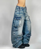 GETADME American New Fashion Blue Washed Loose Tooling Jeans Women Y2K Gothic Hip Hop Popular Casual Joker Wide Leg Straight Pants