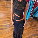 Getadme 섹시 여성 패션 레이스 시스루 투피스 세트 중공 불규칙한 시스루 크롭 탑 및 하이웨이스트 스커트 클럽웨어