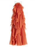 GETADME Chic Halter Pleated Women's Long Dress Flower Sleeveless Backless Cascading Ruffle Robe 2025 Summer Fashion Female Party Dresses