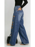 GETADME Missuoo Women's Washed Blue High-Waist Metal Grommet Wide Leg Jeans 2026 Casual Loose Fit Streetwear Pants Casual Trousers