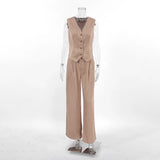 GETADME 오피스 레이디 여름 스트라이프 솔리드 V넥 버튼 슬리브리스 티셔츠와 하이웨이스트 와이드 레그 팬츠 투피스 세트 (여성용)