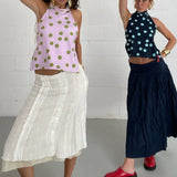 GETADME Combhasaki Women's Y2K Button Closure Halter Neck Crop Tops Sleeveless Backless Aesthetic Dots/Tie-dye Flower Print Summer Vests